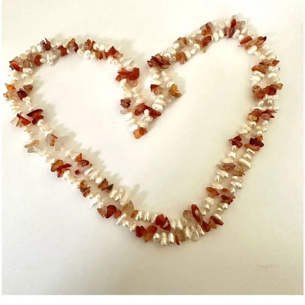 Freshwater pearl and carnelian chip long necklace